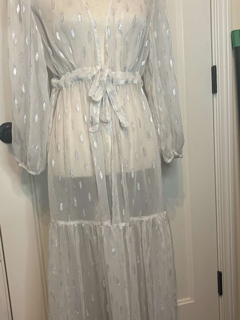 Express White Sheer Metallic-Accent Maxi Dress